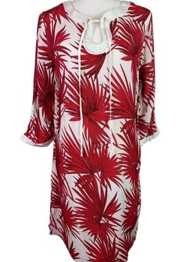 La Reyna Women's Size Large Tunic Shift Dress White with Red Leaves 3/4 Sleeve